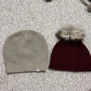 TNA Beige Knit Beanie and Burgundy Pom-Pom Hat Set